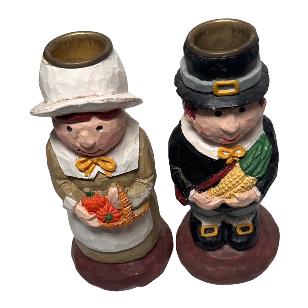 Vintage Teleflora Thanksgiving Pilgrim Figurines Candle Holder Set Resin 2pc - Picture 3 of 12